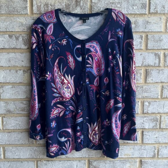 Talbots 3/4 Sleeve Paisley Cotton Blend Button Up Cardigan Sweater Size XL - Picture 1 of 7